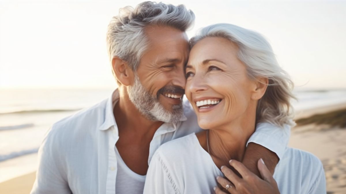 Porträtaufnahme eines glücklichen älteren Ehepaares. Der Mann hat seinem Arm um die Frau gelegt, beide lächeln. Im Hintergrund sind Meereswellen und ein Sandstrand zu sehen.