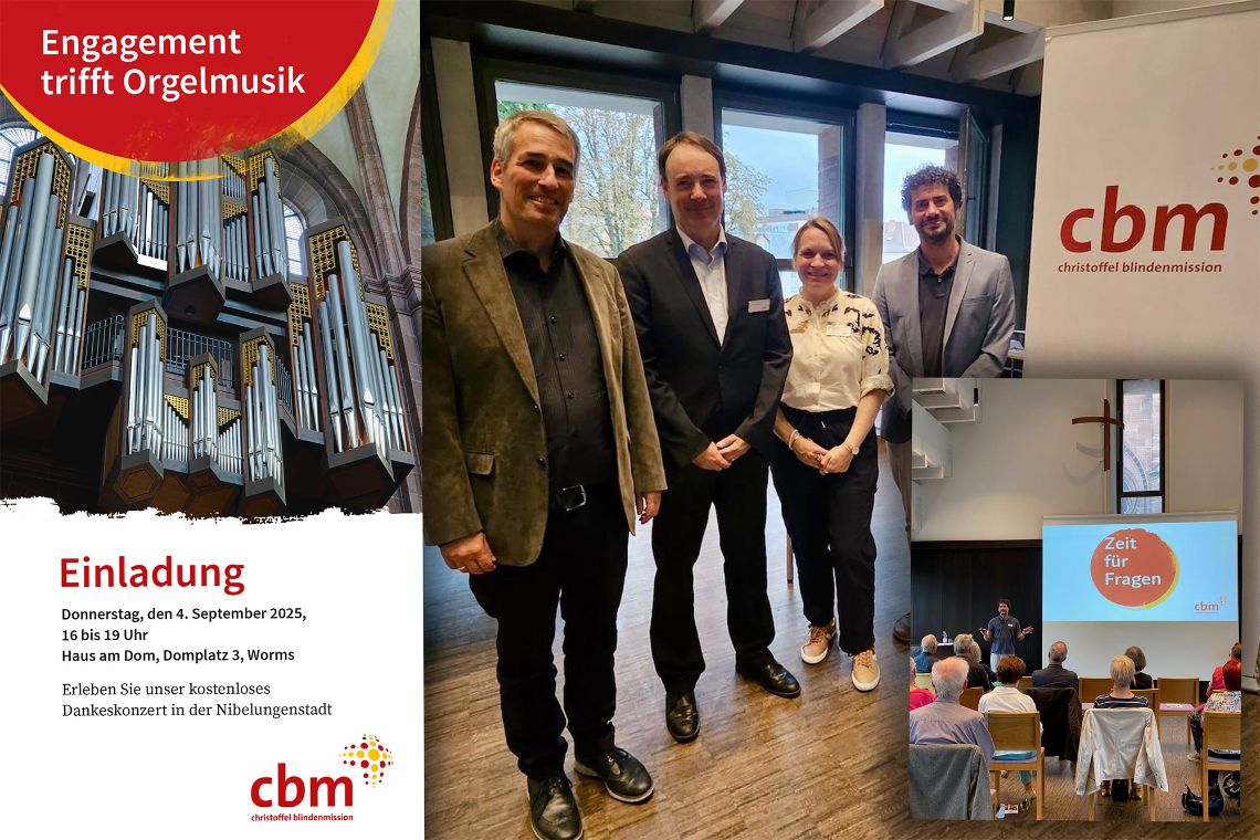 Kollage mit zwei Gruppenfotos einem Einladungsflyer mit Orgelfoto.