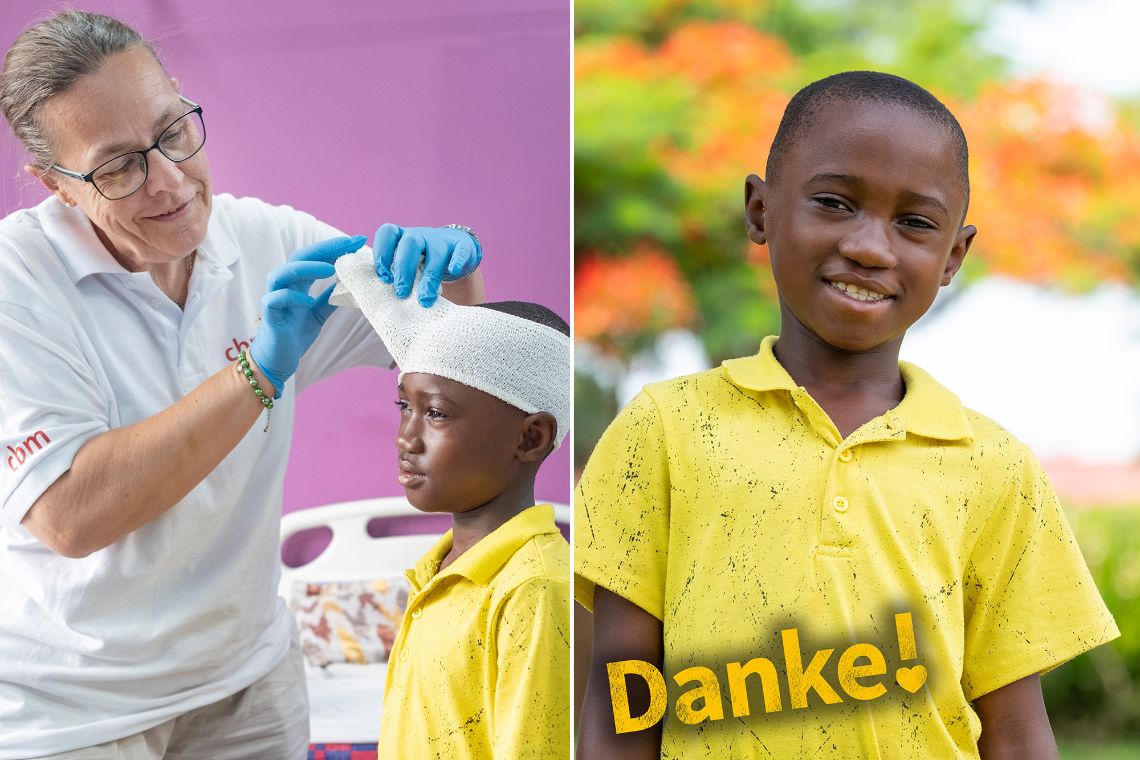 Linkes Bild: Eine Frau entfernt den Kopfverband eines Jungen. Rechtes Bild: Derselbe Junge steht lächelnd in einer Grünanlage.