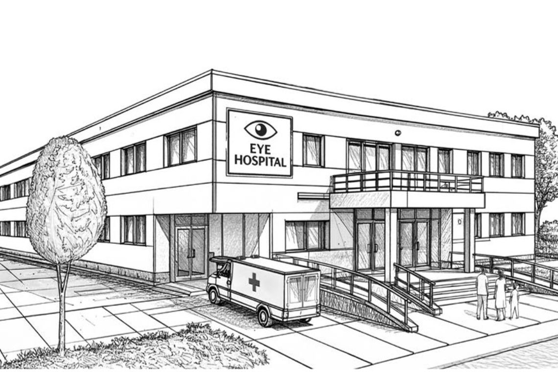 Zeichnung eines zweigeschossigen Flachdachgebäudes, auf dem "Eye Hospital", Augenkrankenhaus, geschrieben steht.